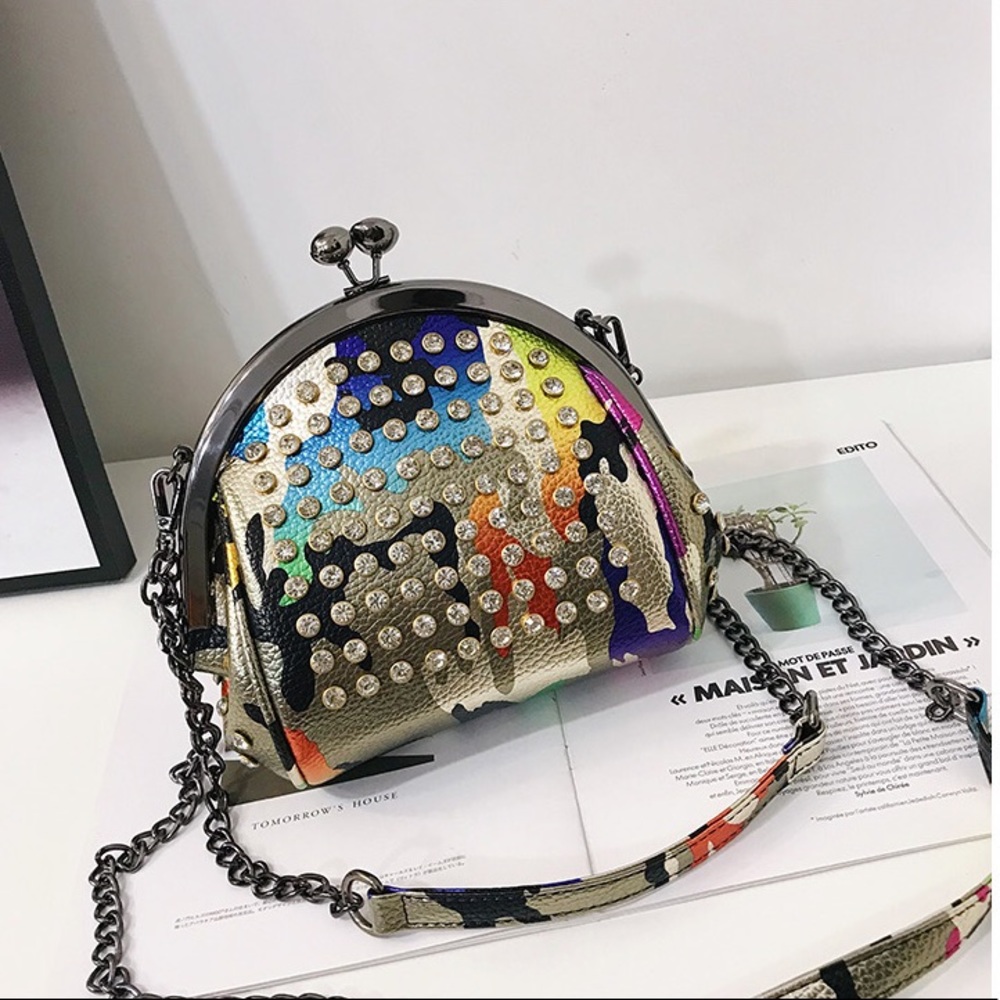 Lady Chic Rhinestones Kiss Lock PU Leather Chain Shoulder/Crossbody Bag - Picture 7 of 8